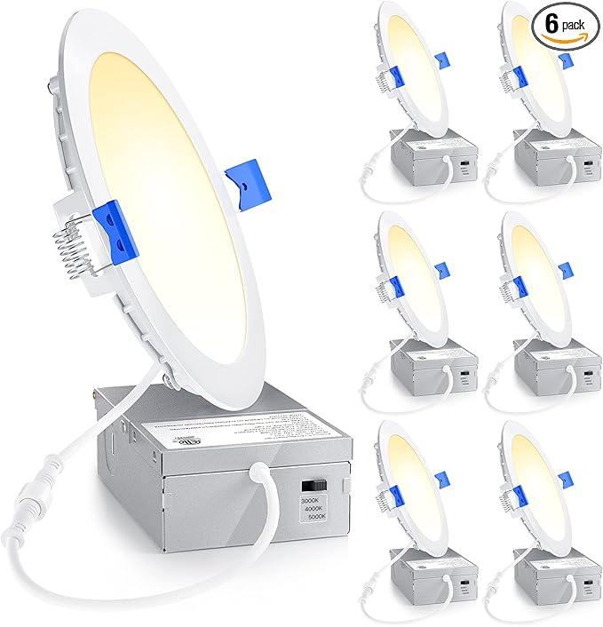 Ensenior 6 Pack 6 Inch LED Recessed Light, Dimmable, 3000K-5000K 3CCT, 1050LM High Brightness, 12W 120V, Damp Rated, Ultra-Thin Canless Wafer Ceiling Light - ETL & FCC & IC