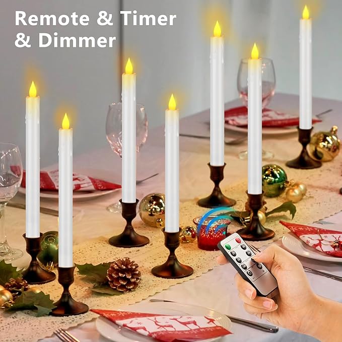 Flameless Taper Candles 10.6" Dripless Battery Operated Taper Candles Included Remote Timer 400+ Hours by 2AA Batteries for Halloween Christmas Wedding (White, 12 Pack)