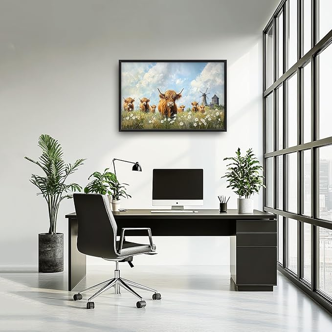 Flintis Large Highland Cow Barn Framed Wall Art Farmhouse Highland Cattle Daisy Pictures Wall Decor Abstract Canvas Painting Print Artworks Framed for Living Room Bathroom Master Bedroom 36L X 24W