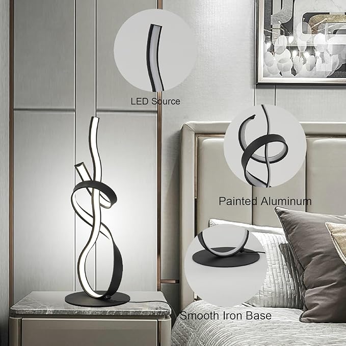 22inch 24W 2700LM Modern Design 3CCT 2700K/4000K/6500K Stepless Touch Dimmable with Remote Control Art LED Table Lamps for Bedroom Bedside Living Room Villa Gift Idea (Black)