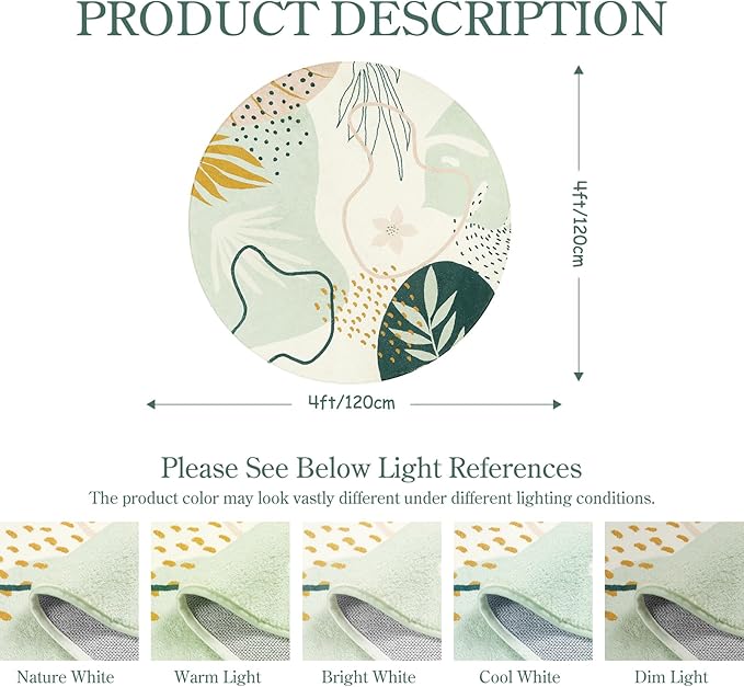 Lahome Boho Round Rugs - 4Ft Washable Non-Slip Small Round Area Rug Throw Soft Cute Round Nursery Rug Non-Shed Lightweight Bathroom Rug, Green Botanical Print Circle Rug for Bedroom Dorm Kids Room