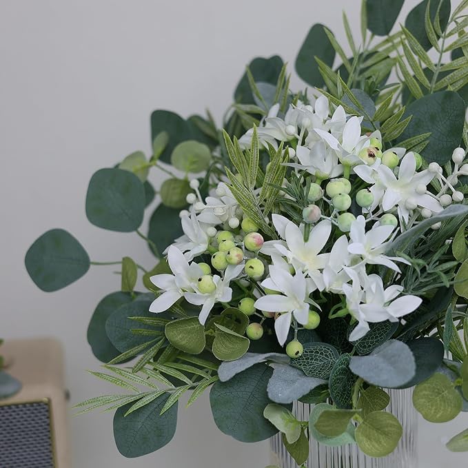 FOTEEWL 75 Pcs Artificial Greenery Stems Box Set,with 8 Kinds of Faux Plants and Fake Flowers for DIY Bridal Bouquets Wedding Floral Arrangement Table Centerpieces Decoration (Sage Green)