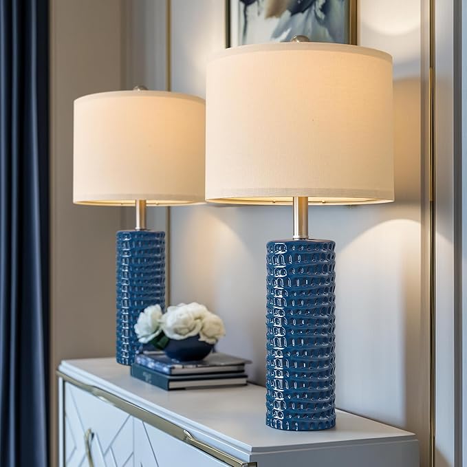 PORTRES 24.75" Modern Accent Ceramic Table Lamp Set of 2 for Bedroom Desk Decor Bedside Lamps for Living Room Study Room Office Dorm Farmhouse Nightstand Lamp End Table Lamps (Blue)