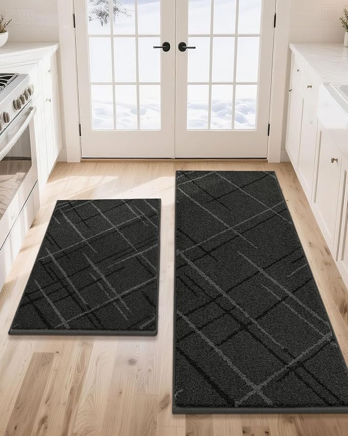 COSY HOMEER Kitchen Mats, 2 PCS Kitchen Rug Non Slip Washable, Absorbent Runner Rugs for Kitchen Floor, Polyester Kitchen Sink Rug 24"x36" + 24"x60"(Dark Gray)