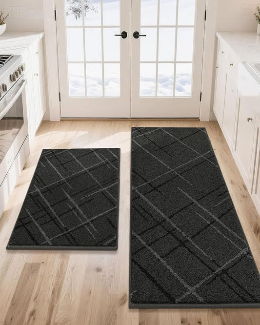 COSY HOMEER Kitchen Mats, 2 PCS Kitchen Rug Non Slip Washable, Absorbent Runner Rugs for Kitchen Floor, Polyester Kitchen Sink Rug 24"x36" + 24"x60"(Dark Gray)
