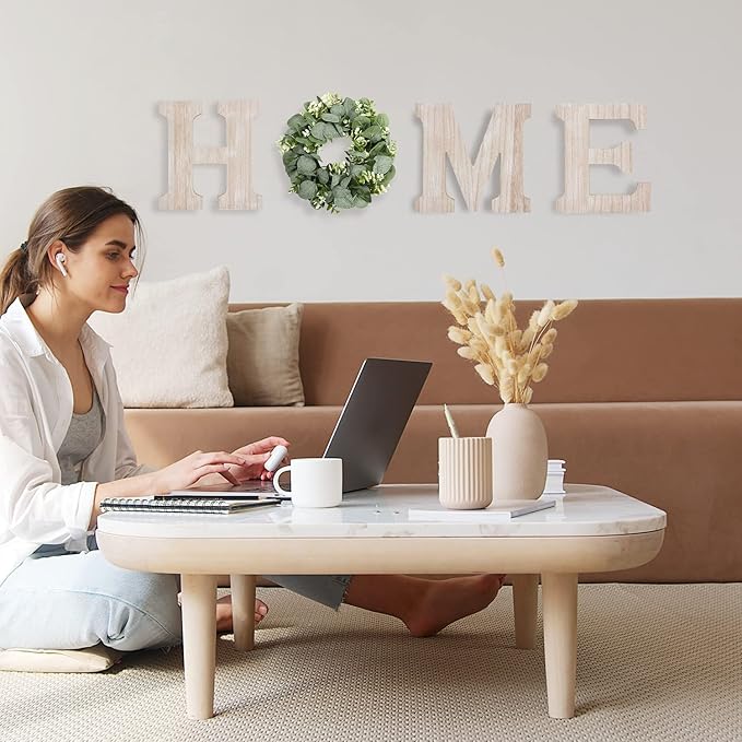 Wooden Home Sign Wall Hanging Decor Wood Home Letters for Wall Art with Artificial Eucalyptus Wreath Rustic Home Decor Farmhouse, Wall Decor for Living Room Entryway Housewarming Gift (Natural)
