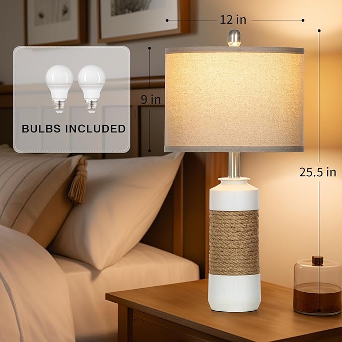 Boho Table Lamps for Bedroom Nightstand 25.5" Farmhouse Bedside lamp Set of 2,Rattan Lamps Cottage Lamps for Living Room End Table Side Table (Include Bulbs)