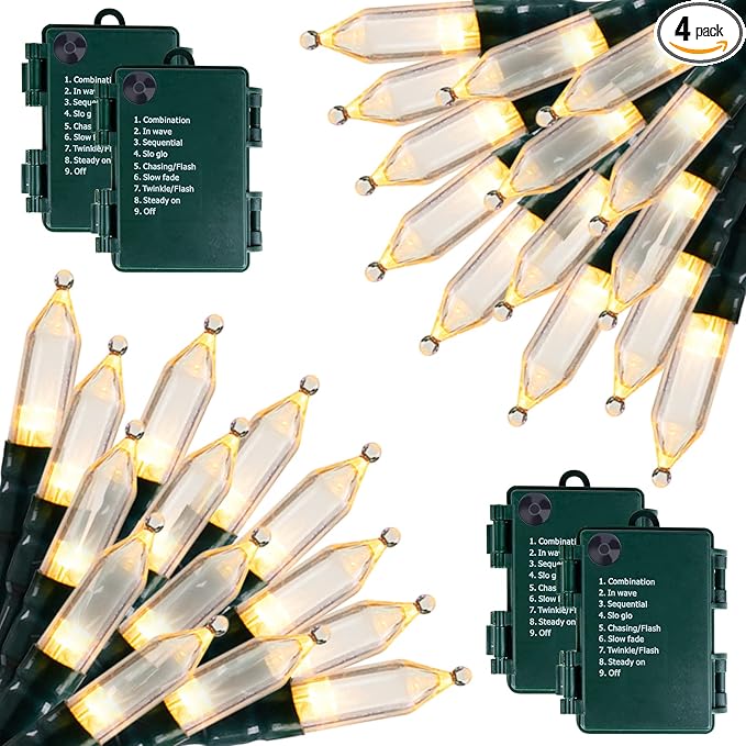 Battery Operated Christmas Lights 4 Pack 20 LED Mini String Lights with 8 Modes Waterproof Tree Lights for Xmas Outdoor Indoor Holiday Party Garden Decor, Warm White