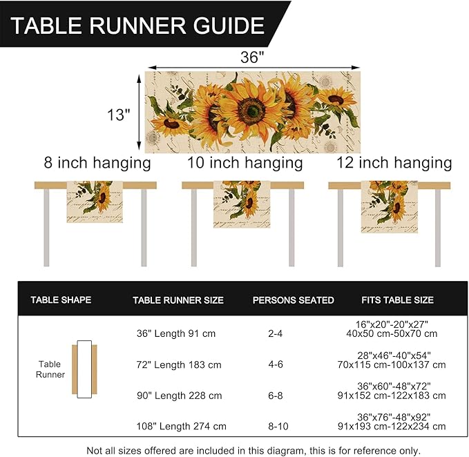 Seliem Fall Sunflowers Table Runner, Vintage Spring Summer Flower Home Kitchen Dining Decor, Seasonal Farmhouse Floral Decorations Indoor Outdoor Party Supply 13 x 36 Inch
