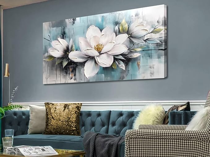Ardemy Flower Wall Art for Living Room White Floral Canvas Bedroom Painting Magnolia Wildflower Picture Teal Grey Artwork Framed Bathroom Home Office Dining Room Wall Decor, Large 40"x20"
