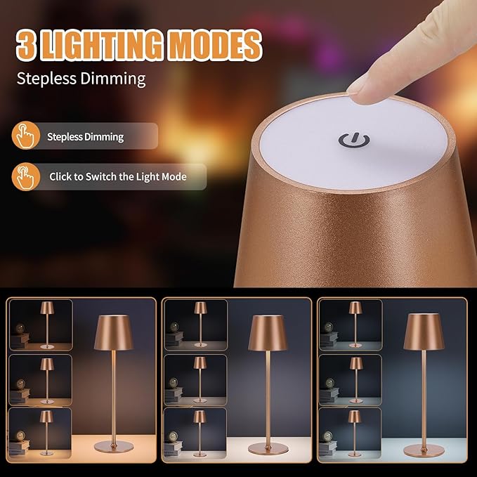 2Pack Cordless Table Lamps USB Rechargeable Simplicity Desk Lamp Built-in 4600 mAh Battery LED Battery Operated lamp with Touch Control Table lamp - Bedroom/Desk/Reading/Patio(Brown)