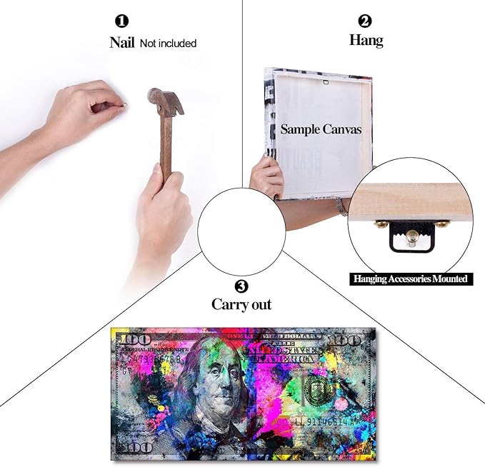 Motivational Canvas Office Art Print Large Size Wooden Framed 100 Bill Cash Benjamin Franklin Dollar Print HD Print Colorful Money Pop Artwork for Bathroom Kitchen Decor Ready to Hang-48 Wx24 H