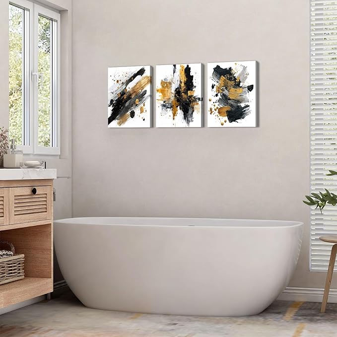 Black White and Gold Wall Art Abstrac Pictures Wall Decor Marble Ink Texture Walls Paintings for Living Room Bedroom Decor, Watercolor Gold Fluid Prints Posters Canvas Artwork Decorations 12x16” 3Pcs