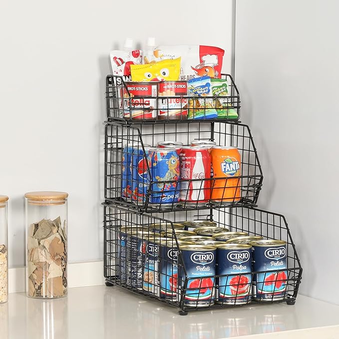 3-Tier Fruit Basket for Kitchen Counter, Stackable Wire Baskets Wall, Potato and Onion Storage Bins, Pantry Organizers and Storage for Potato, Onion, Produce, Fruit, Vegetable, Snack