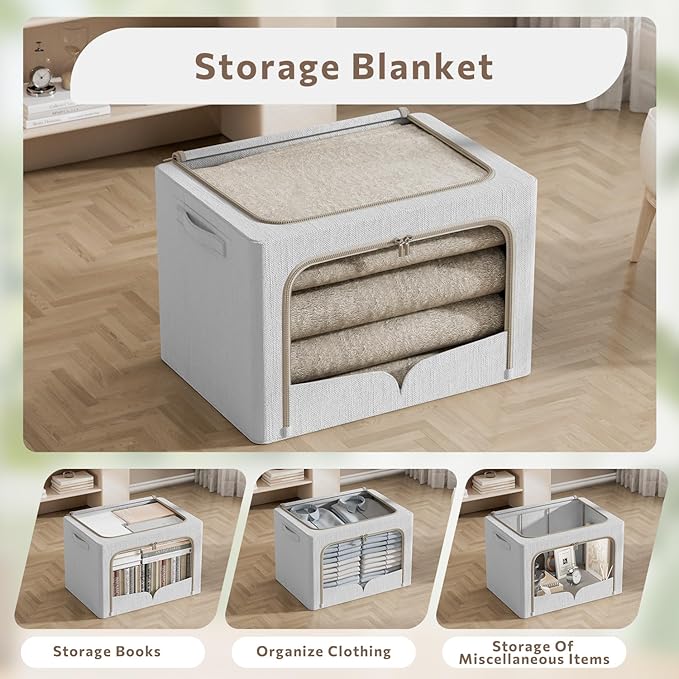 3 Pack Clothes Storage Bins - Foldable Metal Frame Storage Box - Stackable Linen Fabric Container Organizer Set with Carrying Handles and Clear Window (Light Gray, 19.7x15.7x13inch(66L))