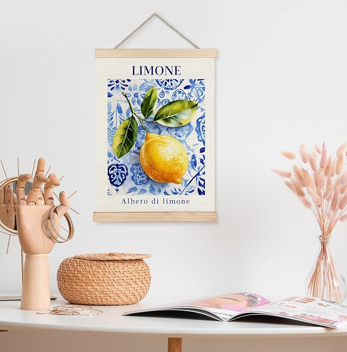 Yomisex Italian Amalfi Coast Lemon Wall Art Poster, Lemon Kitchen Decor, Blue and White Mediterranean Tiles Limone Fruit Wall Art Framed for Kitchen Dining Room Home Decor, 12x16 Inch