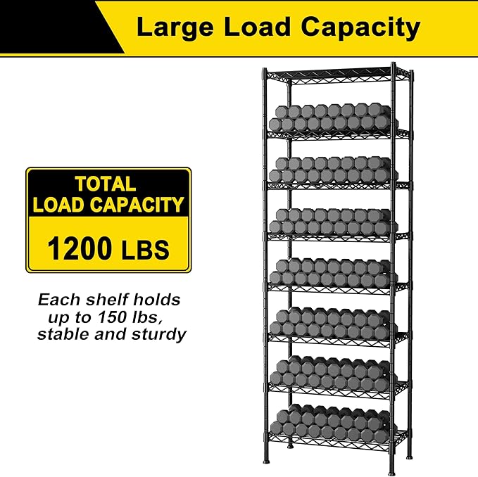 GIOTORENT 8-Wire Garage Shelving Storage Shelves, Kitchen Storage Adjustable Shelf, Metal Shelves 1600Lbs Capacity 24" Lx14 Wx72.2 H for Laundry Bathroom Pantry Closet, Black