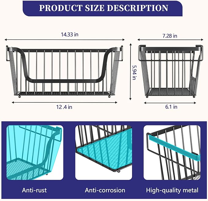 Enhanced Leak-Proof Bottom Stackable Wire Baskets, 5 Pack Pantry Organizers and Storage, pantry storage，Shelf Baskets, Fruit Basket, Potato and Onion Storage Bins，(Black)