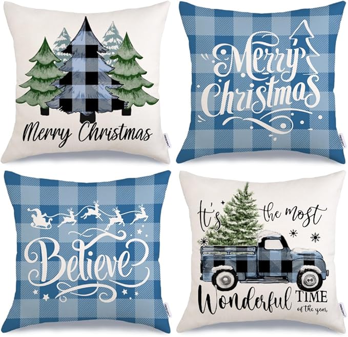 GEEORY Merry Christmas Throw Pillow Covers 20x20 Inch Set of 4, Xmas Trees Truck Blue Buffalo Plaid Believe Farmhouse Decorative Cushion Cases for Home Decoration G594-20
