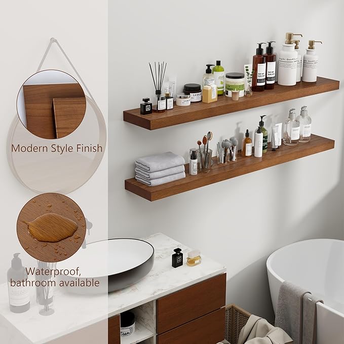 Rustic Floating Shelves, 48 Inch Floating Shelf Set of 2, Solid Wood Wall Mounted Shelves Dark Wood Shelves for Bedroom Bathroom Living Room - Dark Walnut