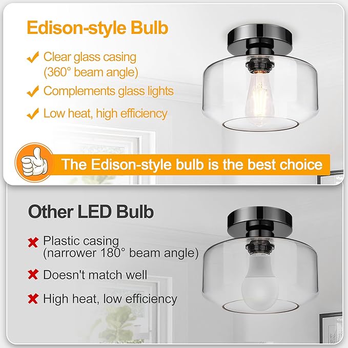 Industrial Semi Flush Mount Ceiling Light Black Chrome, 800 Lumen LED Bulb Included, Clear Glass Shade Ceiling Light Fixture, Farmhouse Light Fixture for Hallway Corridor Kitchen Bathroom