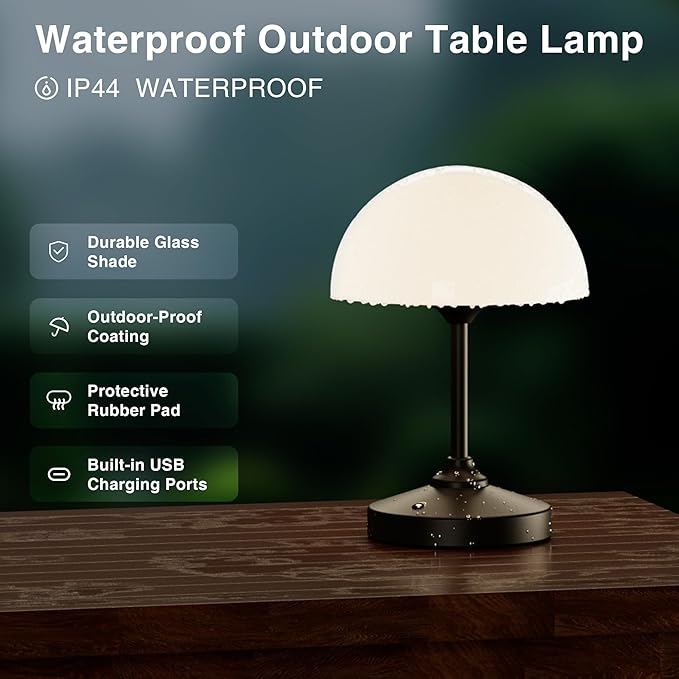 Mushroom Lamp Table Lamp Waterproof,Desk Cordless Battery Operated Lamps for Bedroom,Outdoor Cordless Rechargeable Table Lamps for Night Stands,5000mAh LED Night Light for Living Room(Black)
