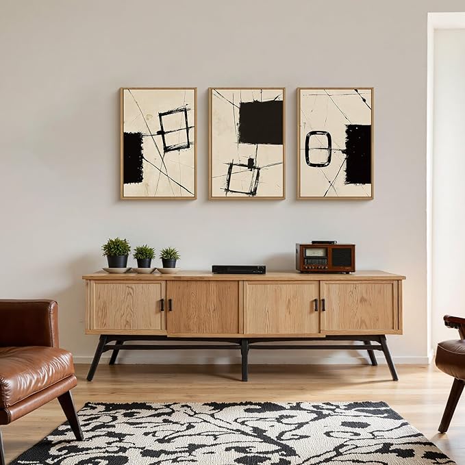 HOURIA Abstract Geometric Framed Canvas Wall Art Set,Black and Beige Brushstroke Wall Decor,Neutral Modern Wall Painting,Textured Line Drawing Art Prints for Living Room, Bedroom, Farmhouse-16 x24 x3