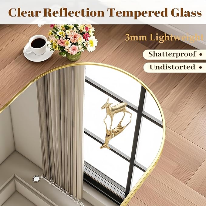 Arched Wall-Mounted Mirror, 20"x30" Arch Bathroom Mirror, Gold Vanity Mirror for Wall Décor, Wall Mirror with Metal Frame for Bedroom, Entryway, Living Room, Brushed Gold