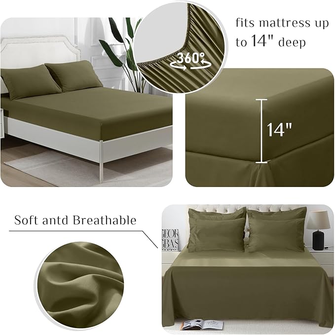 JOLLYVOGUE California King Comforter Set, Ultra-Soft Bed in a Bag Cal King Size 7 Pieces, Oeko-TEX Certified Bedding Set with Down Alternative Comforter, Sheets, Pillowcases & Shams, Olive Green