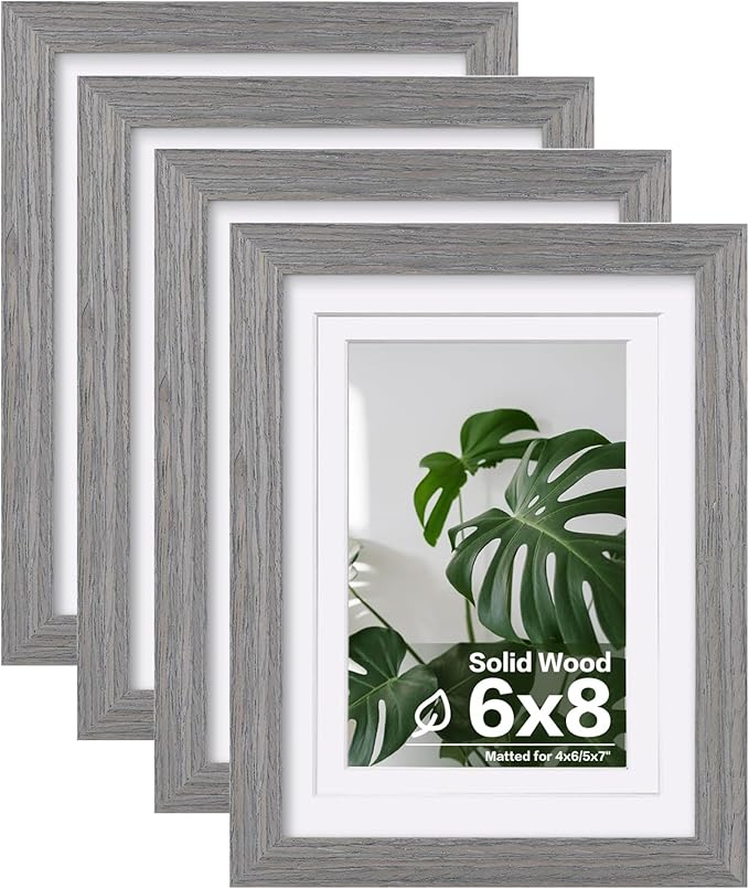 Egofine 6x8 Picture Frames Set of 4, Made of Solid Wood Covered by Plexiglass 4x6 and 5x7 with Mat or 6x8 without Mat, for Table Top Display and Wall Mounting Photo Frame Light Grey