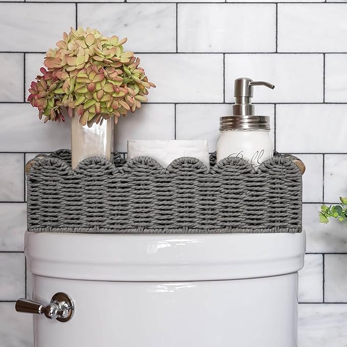 CubesLand Scalloped Edge Decor Baskets for Home, Living Room, Toilet Paper Storage Basket for Over Toilet Tank Top, Storage Shelf, Cute Small Paper Rope Baskets Both Storage&Decor, Set 2 Grey