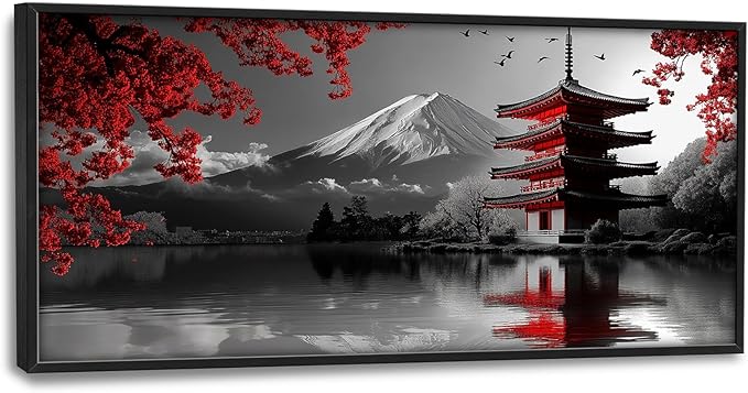 Olivine Japan Large Wall Art, Black And White Pictures Wall Decor, Landscape Paintings, Mountain Canvas Prints, Framed Artwork for Dining Room Bedroom Living Room Office Bathroom 60"x30"