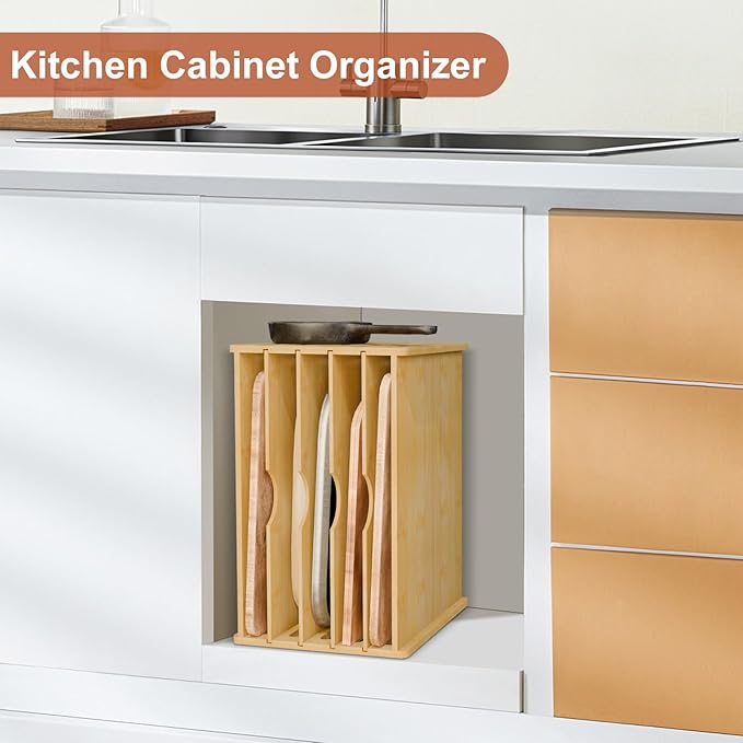 Wooden Cabinet Tray Dividers,Kitchen Vertical Tray Divider Organizer for Storing Baking Sheets, Pans, Lids, Cutting Boards, and Trays – 5-Compartment Adjustable Design for Clutter-Free Cabinet Storage