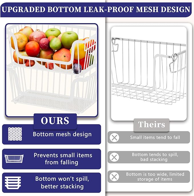 Enhanced Leak-Proof Bottom Stackable Wire Baskets, 4 Pack Pantry Organizers and Storage, Pantry Storage，Shelf Baskets, Fruit Basket, Potato and Onion Storage Bins，(White)