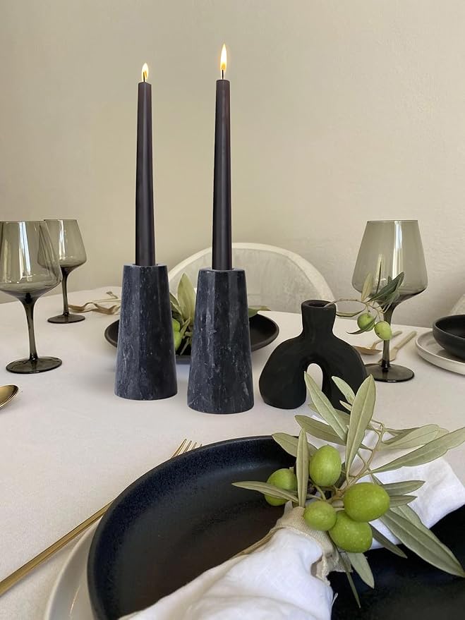 HofferRuffer Marble Candlestick Holders，Set of 2 Natural Stone Candle Holder Decorative Candle Stands for Wedding, Dinning, Party, Table Centerpieces, Fit 3/4'' Thick Taper Candles (Black)