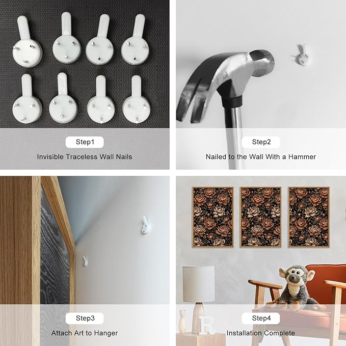 KAIRNE Vintage Floral Wall Art Set of 3, Mid Century Flower Framed Canvas Prints, Boho Peony Botanical Artwork, Modern brown Luxury Decor for Living Room Bedroom Office, 16×24inch