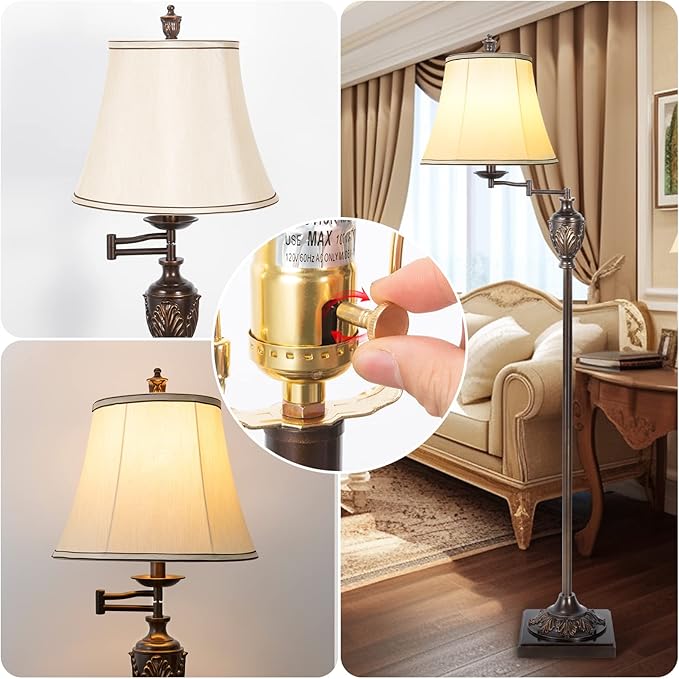 Traditional LED Floor Lamp with 350° Adjustable Swing Arm Lamp – Vintage Standing Pole lamp for Living Room, Bedroom and Office – Rustic Upright Floor Light for Home Décor with Faux Silk Fabric Shade