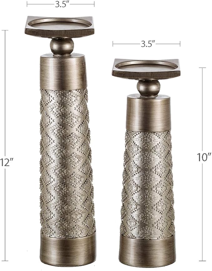 Creative Scents Dublin Silver Decorative Candle Holder Set of 2 - Home Decor Pillar Candle Stand, Coffee Table Mantle Decor centerpieces for Fireplace, Living or Dining Room Table, Gift Boxed