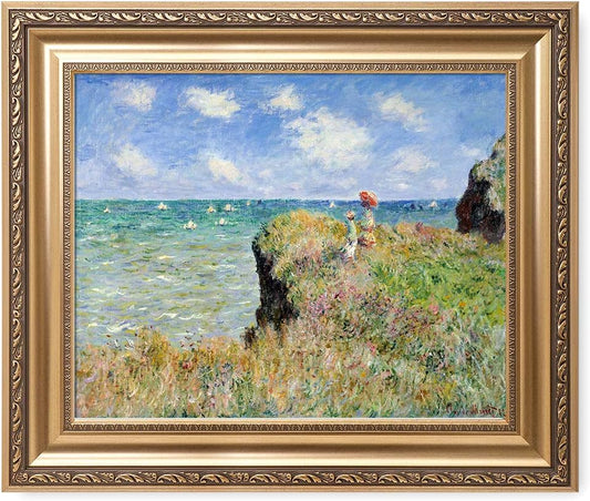 DECORARTS - The Cliff Walk At Pourville by Claude Monet. Classic Art Reproduction, Giclee Print on Canvas. Ready to Hang Framed Wall Art for Wall Decor. Total Size w/Frame: 26x22