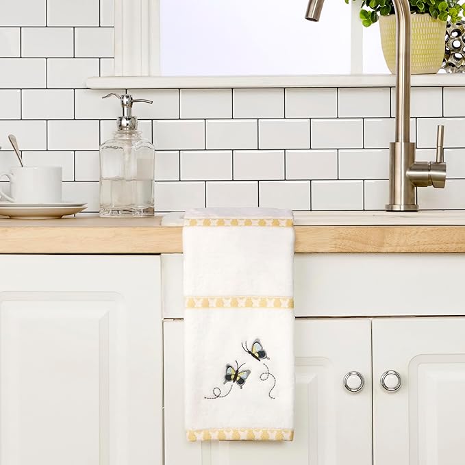 SKL Home Dancing Butterflies Hand Towel 2pc Set for Bath/Kitchen/Bar & Gift, White