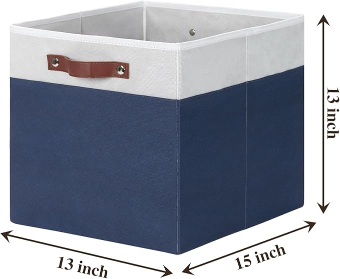 Temary Cube Storage Bins 4Pack Foldable Cube Baskets for Clothes Shelf Storage Basket with Handles, Storage Box Fabric Storage Organizer Bins for Home (White&Blue, 13x15x13 Inch)