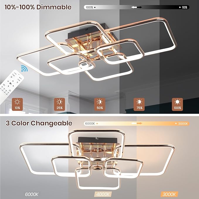 72W Modern LED Ceiling Light 6-Square Dimmable Ceiling Light Fixtures with Remote 3000K-6000K Gold Close to Ceiling Lights Flush Mount Ceiling Lamp for Bedroom Living Room Dining Room