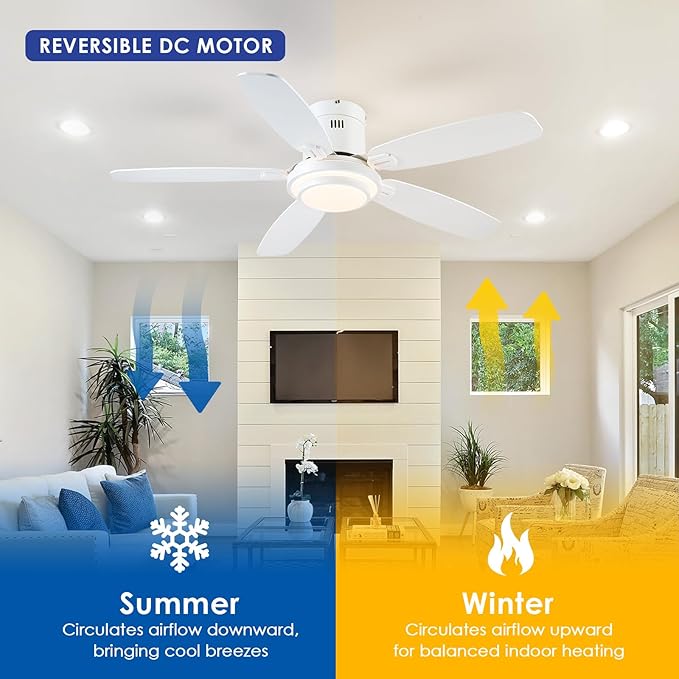 Low Profile Ceiling Fan with Lights and Remote/APP, 50 Inch Modern Flush Mount Ceiling Fan with 3CCT 6-Speeds Quiet DC Motor,Dimmable 3-Color Temperatures for Living Room Bedroom(White)