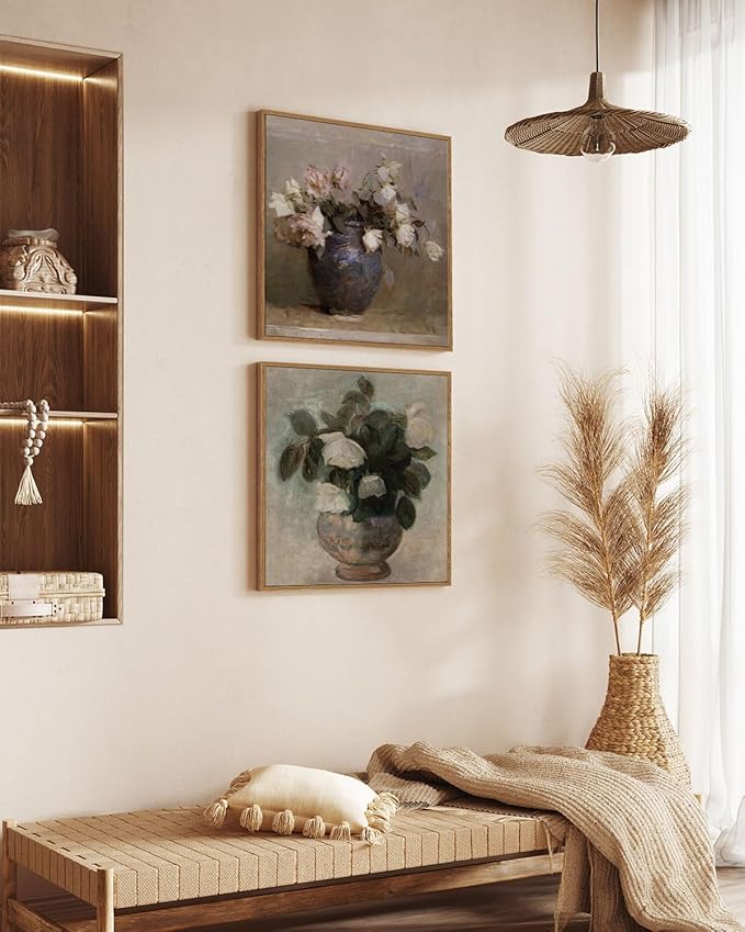 InSimSea Square Framed Canvas Wall Art, Flowers Farmhouse Prints Vintage Classical Floral Rose in Vase Pictures Wall Decor Paintings, Canvas Wall Decor for Living Room Kitchen Bathroom 12"x12"