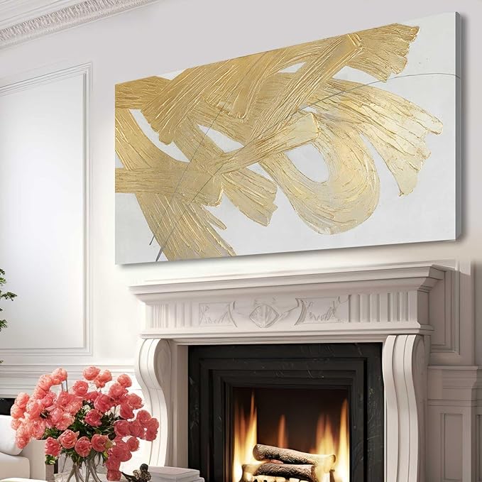 XIANSHOU Wall Decorations for Living Room Gold and White Abstract Canvas Art Oil Painting Large Minimalist Decor Wall Art for Office Bedroom Home 29"x 58"