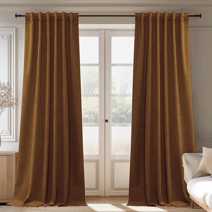 StangH Gold Brown Curtains Luxury Velvet Blackout Thermal Insulated Window Drapes for Bedroom White Liner Back Tab Hook Belt for Track System Room Dividers, W52 x L84, 2 Panels
