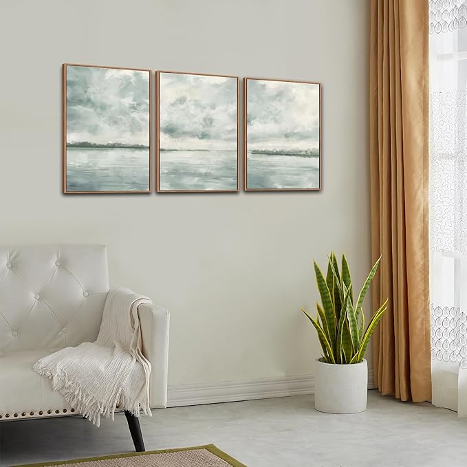 CHDITB Watercolor Sky Cloud Framed Canvas Wall Art Set, Pastel Shapes Illustrations Cloudy Wall Decor, Neutral Minimal Wall Painting, Blue Gray Ocean Sky Art Prints For Living Room Bedroom Office Decor 16"x24"x3