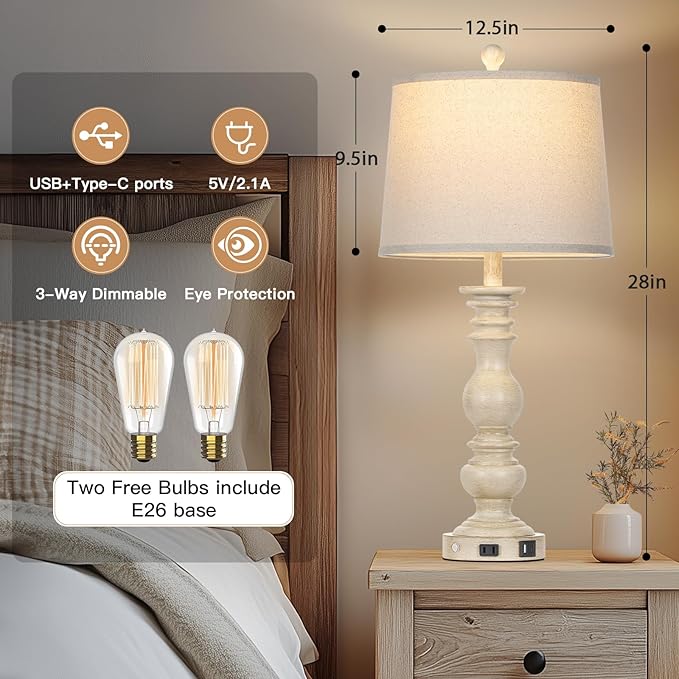 28" Farmhouse Table Lamps Set of 2 with USB C+A Ports & AC Outlet for Vintage Living Room Retro Bedroom,3-Way Dimmable Touch Lamp Resin Bedside Lamps for Nightstand Side End Table, Beige