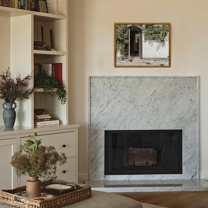 crmotu Vintage Framed Wall Art, Country Landscape Canvas Prints, Grapevine Gate Rustic Farmhouse Decor Painting, Nature Green Scenery Pictures Wall Decor Living Room Bedroom Bathroom Office 12x16in