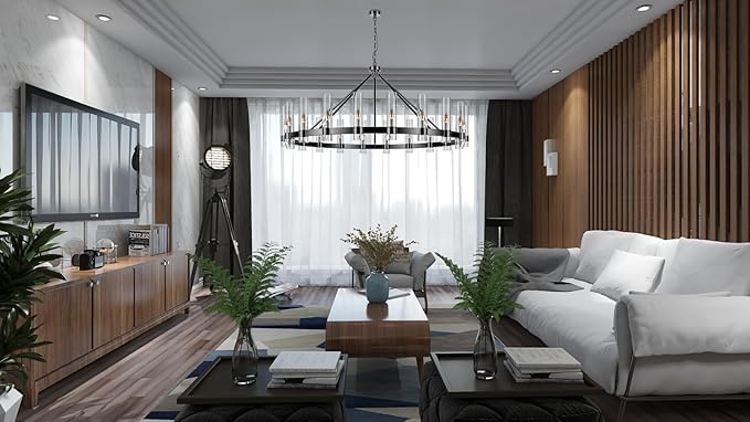 20-Lights Black Wagon Wheel Chandelier Modern Farmhouse with Glass Shade, 60 Inch Large Round Industrial High Ceilings Pendant Lighting Fixture for Dining Living Room, Kitchen Island, Foyer